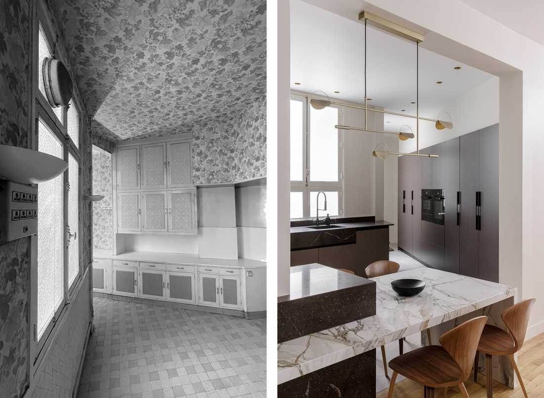 Avant-Après : Aménagement d'une cuisine ouverte dans un appartement art déco