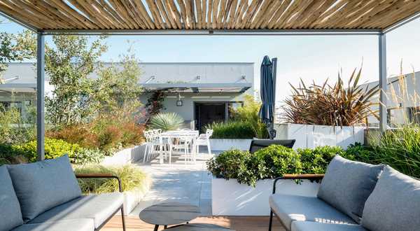 A landscape designers renovates a pool space in a garden in Marseille