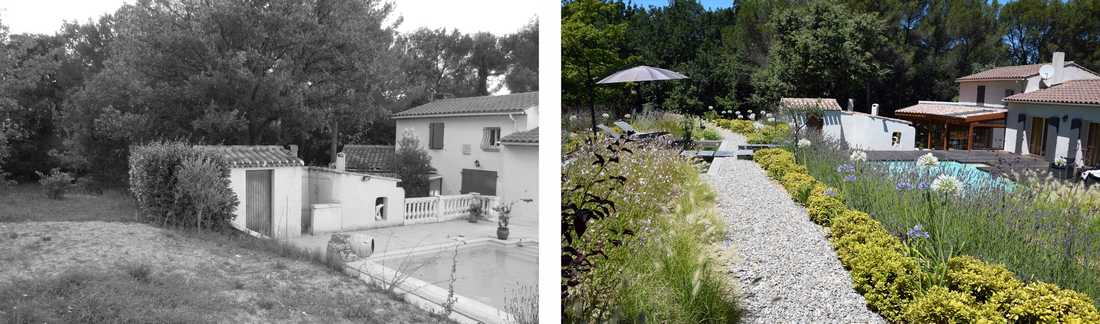 Avant - après du jardin paysagé d'un mas provençal