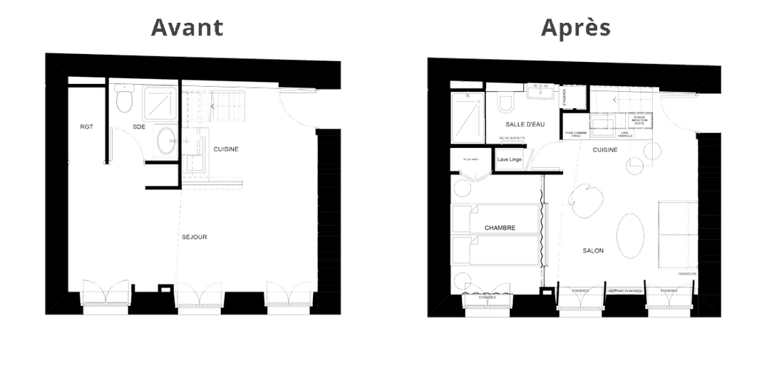 Plan avant après de la rénovation du studio en appartement 2 pièces à Paris