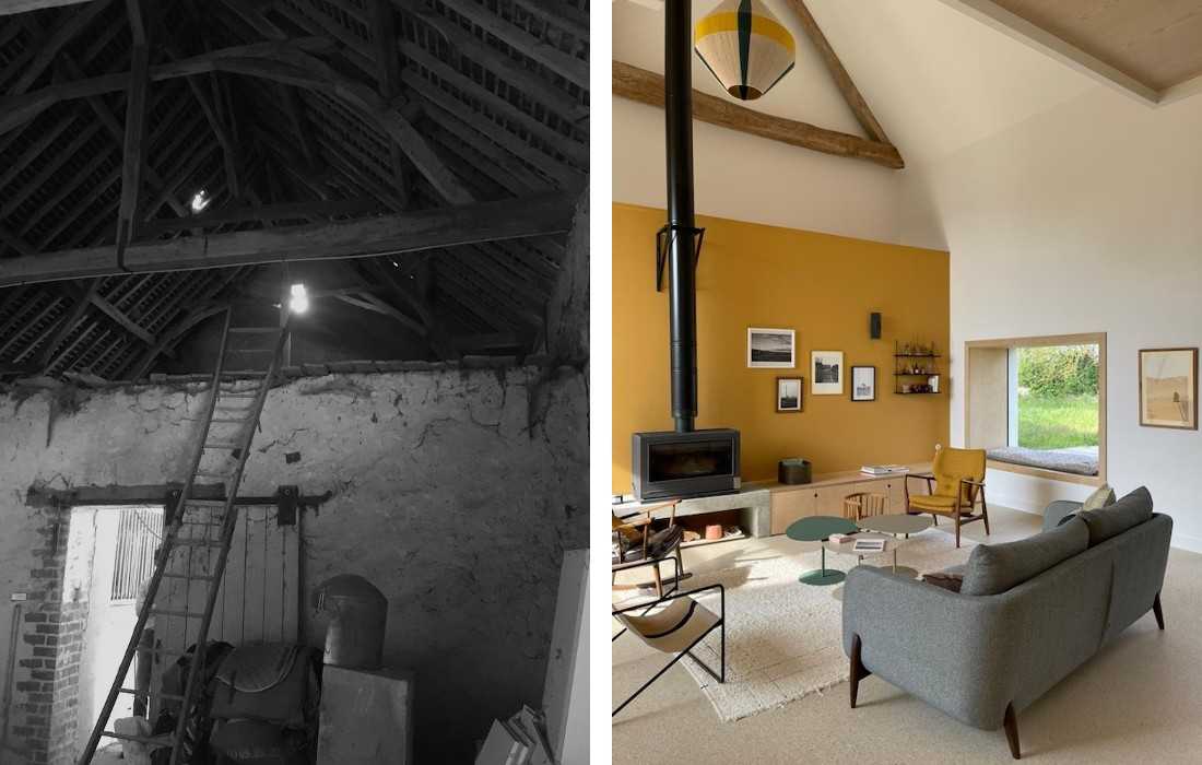 Avant-Après : transformation de la grange en séjour contemporain avec cheminée moderne